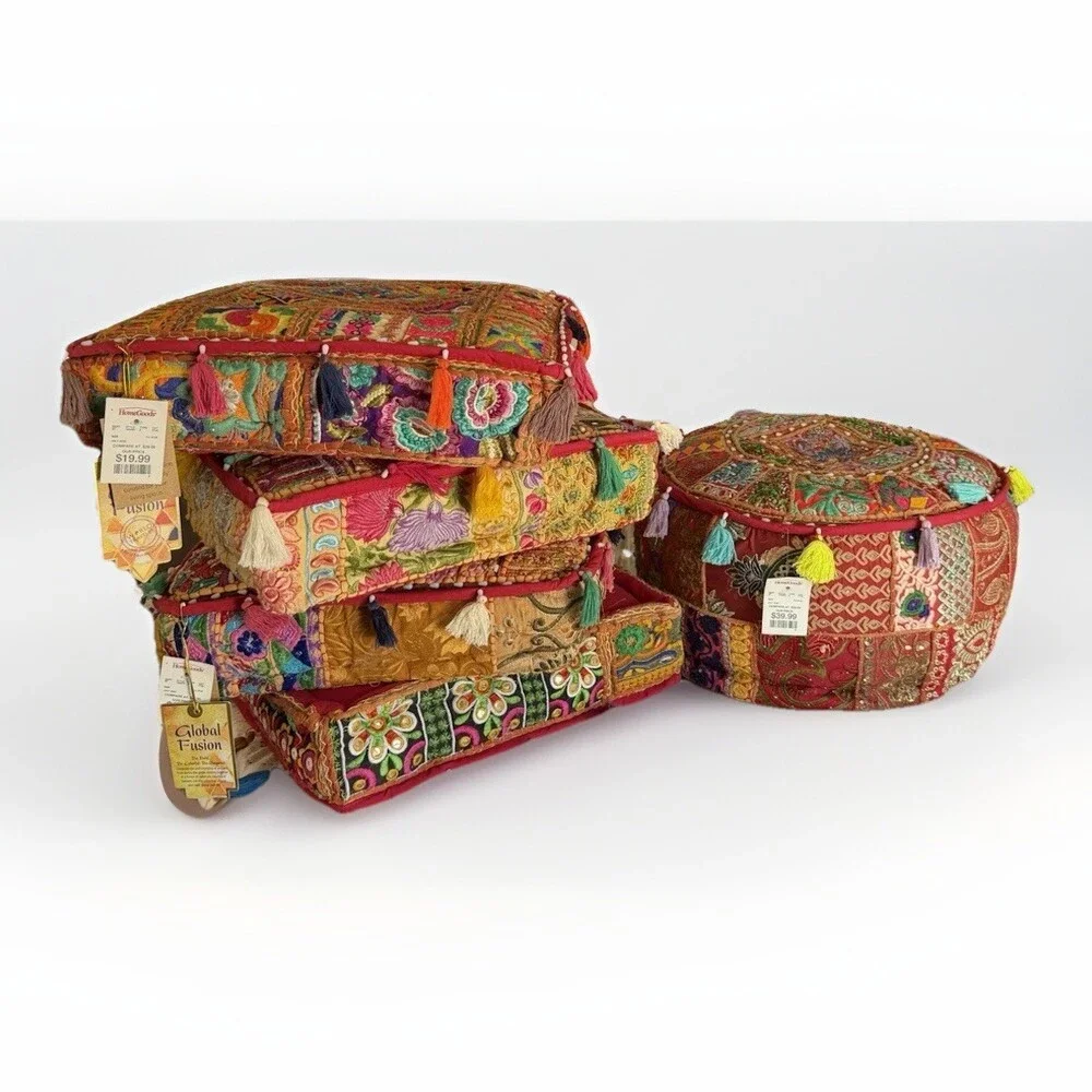 NWT Bohemian, Ethnic, Eclectic, Moroccan,4 Pillows&Pouf Ottoman boho-chic vibe